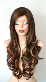 Load image into Gallery viewer, 26&quot; Brown Auburn Caramel Blonde Long Curly Hair Long Side Bangs Wig
