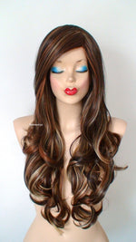 Load image into Gallery viewer, 26&quot; Brown Auburn Caramel Blonde Long Curly Hair Long Side Bangs Wig
