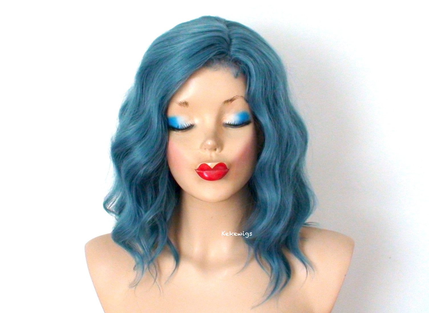 16" Pastel Dark Teal Blue Short Wavy Hairstyle Wig