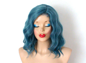 16" Pastel Dark Teal Blue Short Wavy Hairstyle Wig