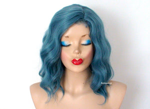 16" Pastel Dark Teal Blue Short Wavy Hairstyle Wig