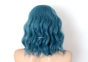 16" Pastel Dark Teal Blue Short Wavy Hairstyle Wig