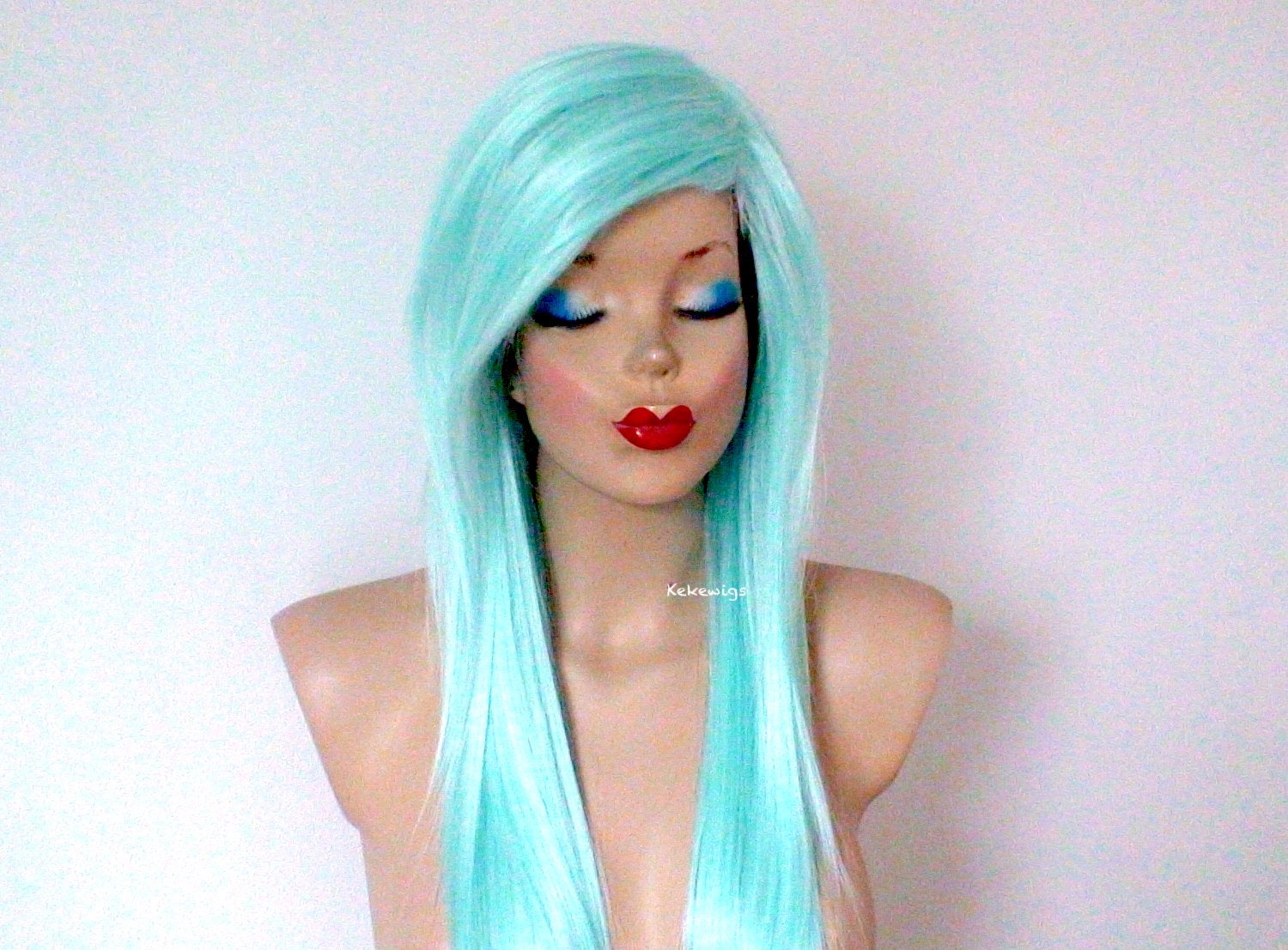 28" Mint Long Straight Hair Side Bangs Wig. Emo wig.  Scene wig.