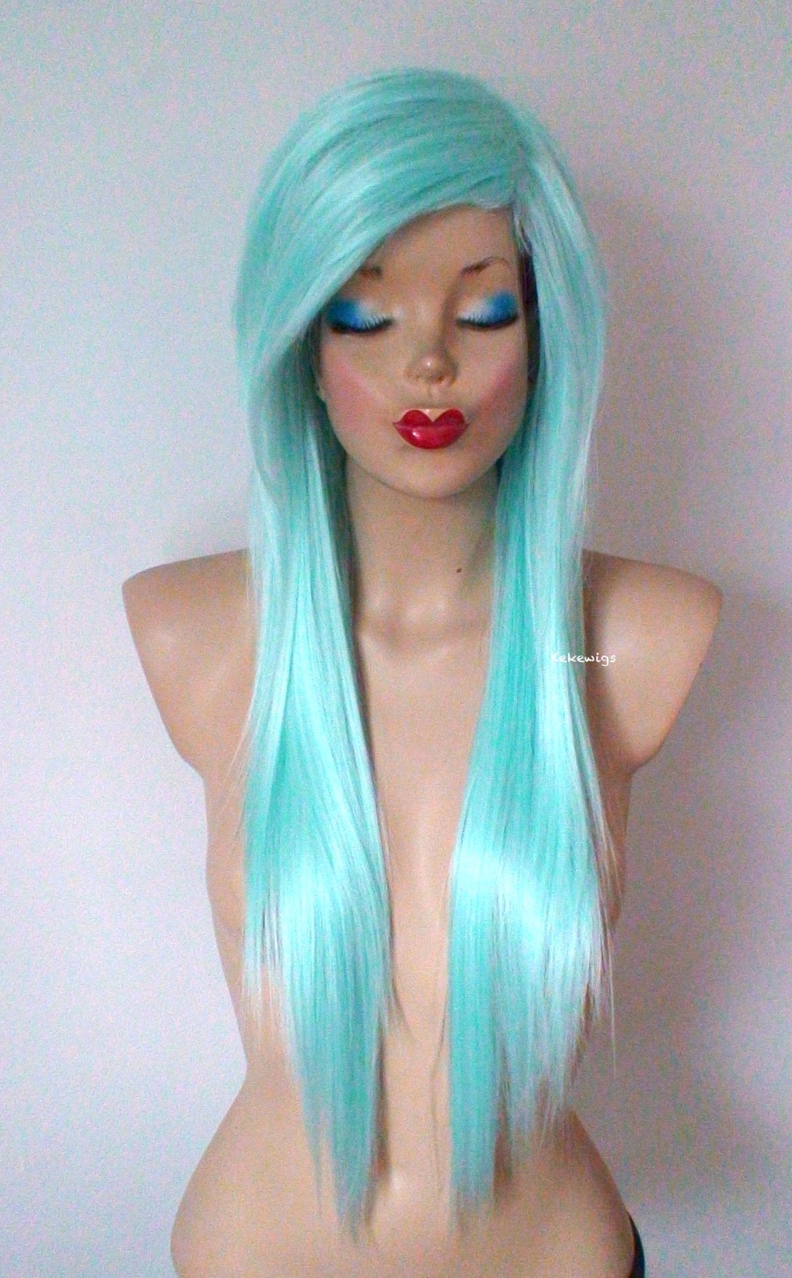 28" Mint Long Straight Hair Side Bangs Wig. Emo wig.  Scene wig.