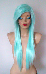 Load image into Gallery viewer, 28&quot; Mint Long Straight Hair Side Bangs Wig. Emo wig.  Scene wig.
