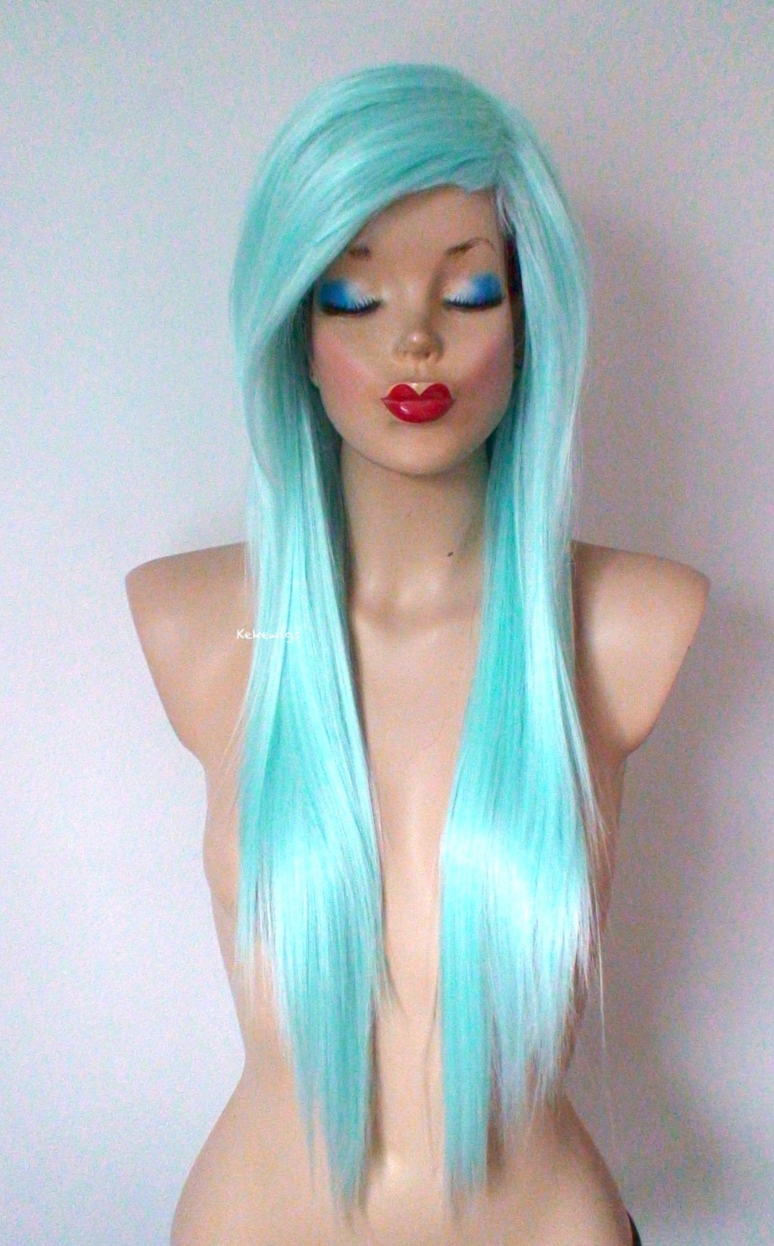 28" Mint Long Straight Hair Side Bangs Wig. Emo wig.  Scene wig.