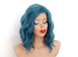 16" Pastel Dark Teal Blue Short Wavy Hairstyle Wig