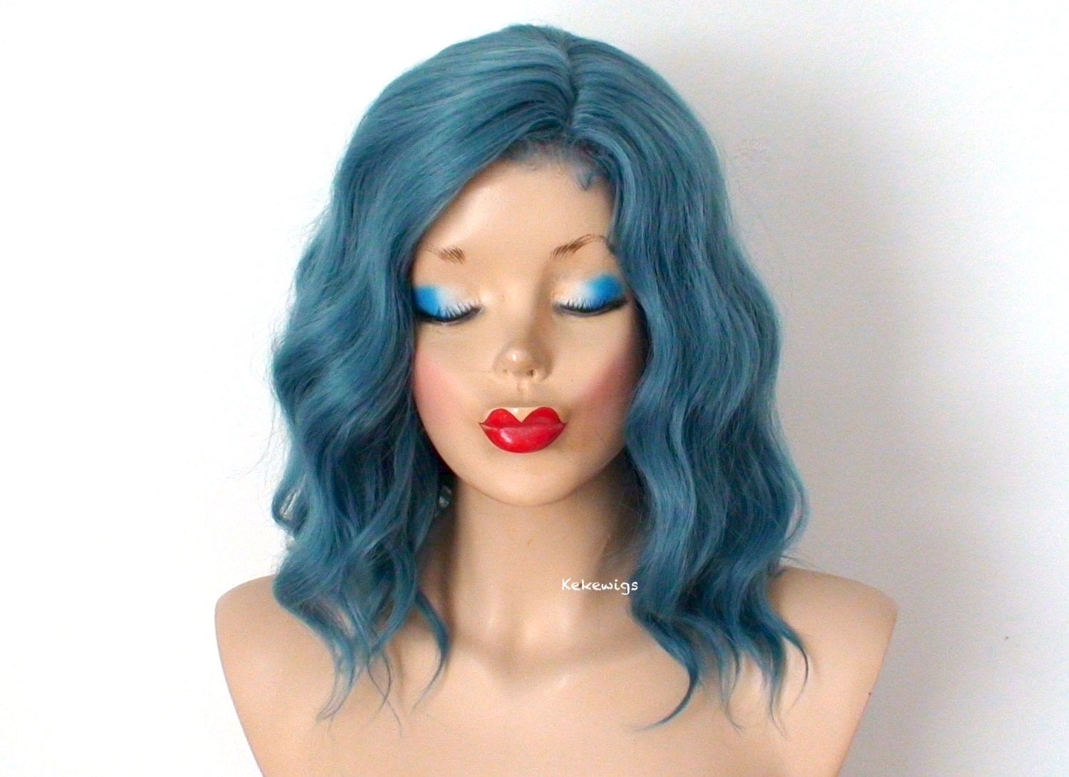 16" Pastel Dark Teal Blue Short Wavy Hairstyle Wig