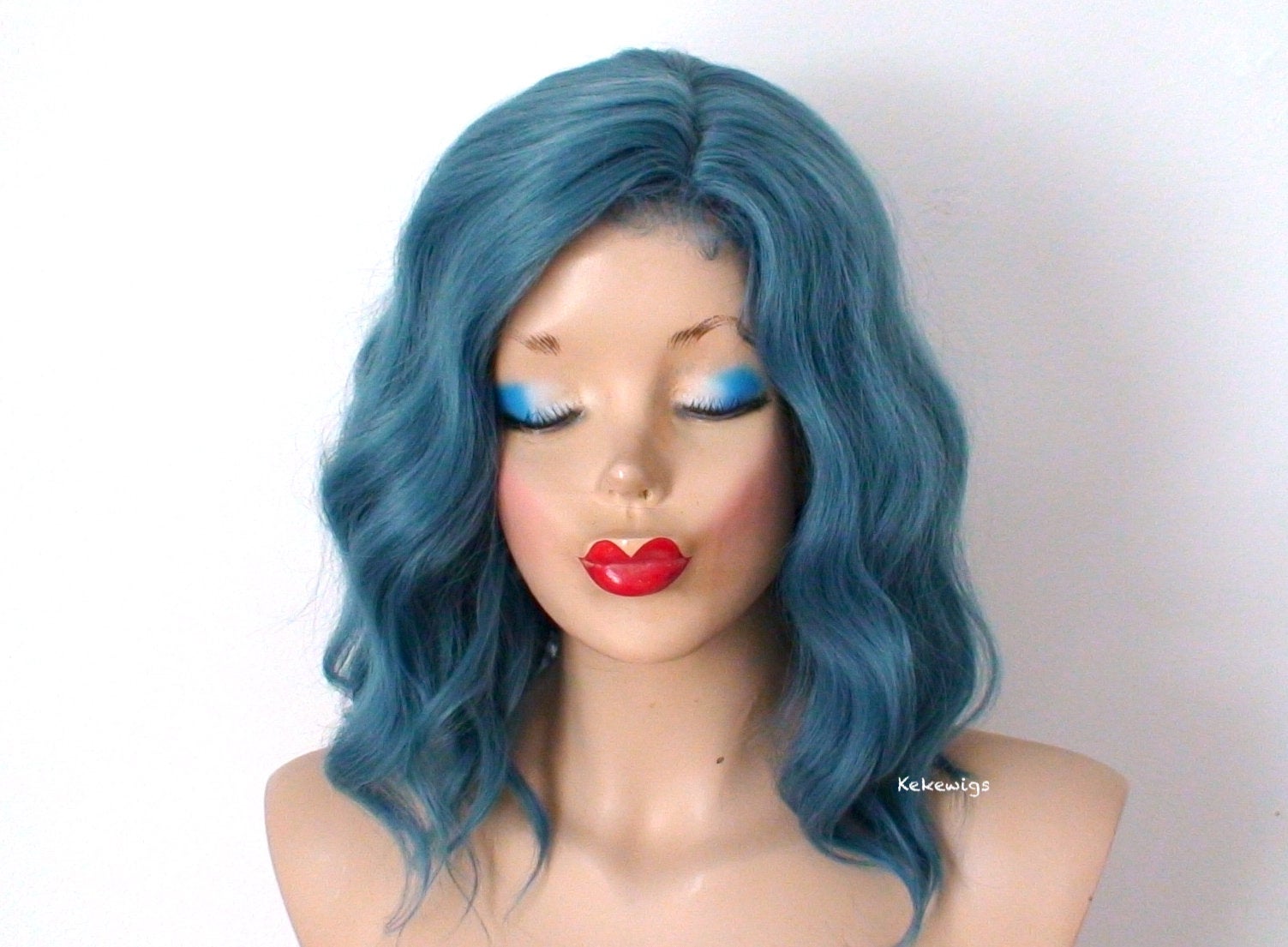 16" Pastel Dark Teal Blue Short Wavy Hairstyle Wig