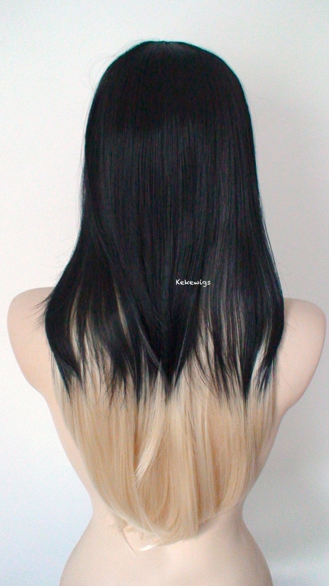 28" Black Blonde Ombre Long Straight Hair with Bangs Wig.