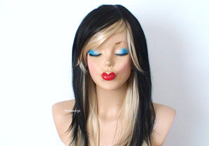 28" Black Blonde Ombre Long Straight Hair with Bangs Wig.