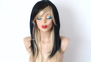 28" Black Blonde Ombre Long Straight Hair with Bangs Wig.