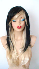 Load image into Gallery viewer, 28&quot; Black Blonde Ombre Long Straight Hair with Bangs Wig.
