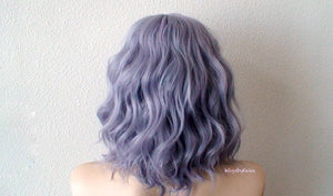 16" Pastel Dark Lavender Gray Short Wavy Hairstyle Wig.