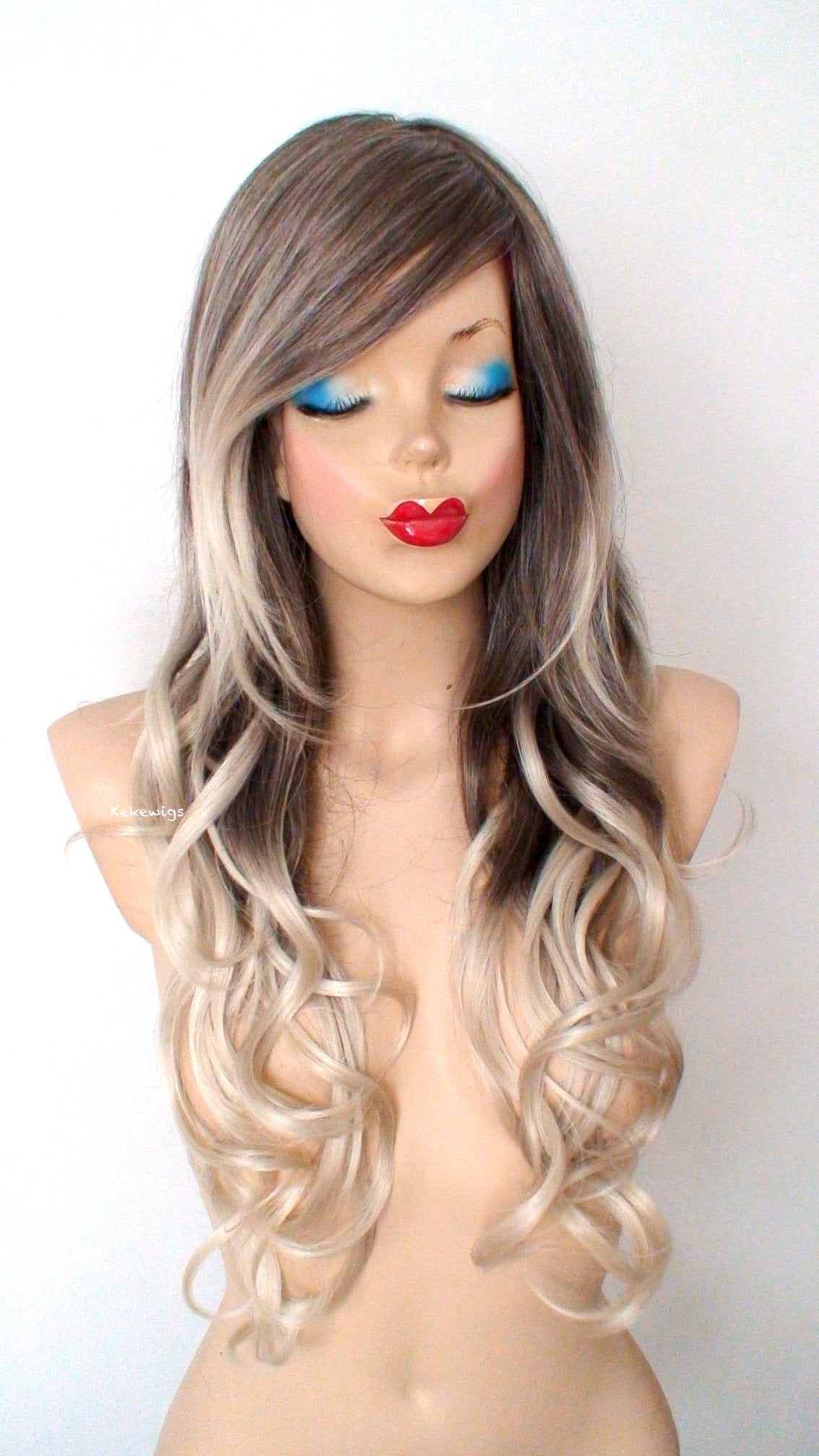 26" Dirty Blonde /Ash Blonde Ombre Long Curly Hair Long Side Bangs Wig