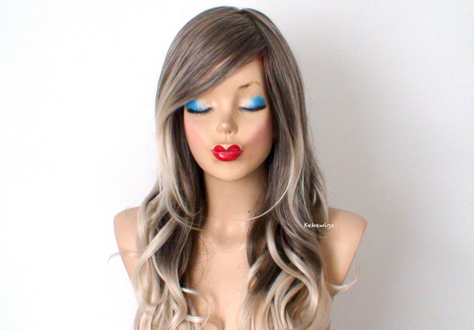 26" Dirty Blonde /Ash Blonde Ombre Long Curly Hair Long Side Bangs Wig