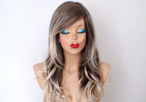 26" Dirty Blonde /Ash Blonde Ombre Long Curly Hair Long Side Bangs Wig