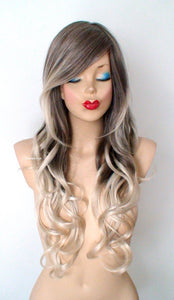 26" Dirty Blonde /Ash Blonde Ombre Long Curly Hair Long Side Bangs Wig