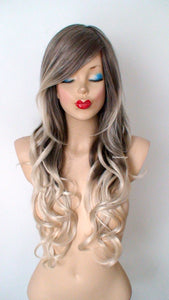 26" Dirty Blonde /Ash Blonde Ombre Long Curly Hair Long Side Bangs Wig