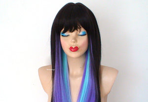 28" Brown Lavender Teal Lavender Ombre Long Straight Hair with Bangs Wig