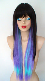 Load image into Gallery viewer, 28&quot; Brown Lavender Teal Lavender Ombre Long Straight Hair with Bangs Wig
