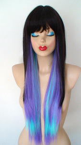 28" Brown Lavender Teal Lavender Ombre Long Straight Hair with Bangs Wig