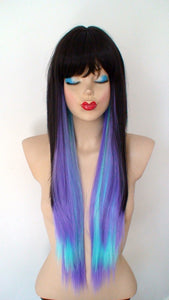 28" Brown Lavender Teal Lavender Ombre Long Straight Hair with Bangs Wig