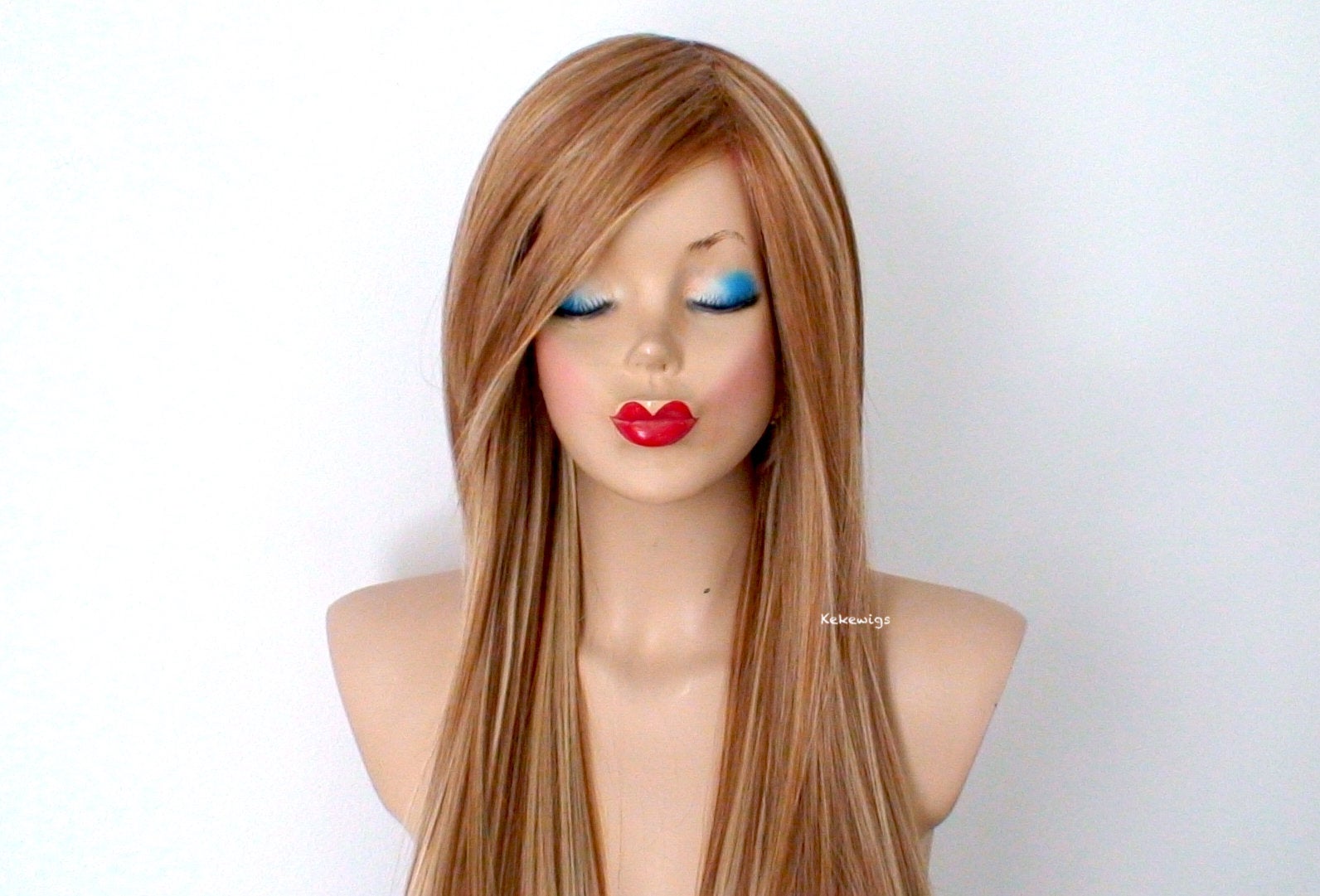 28" Butterscotch Long Straight Hair Long Side Bangs Wig