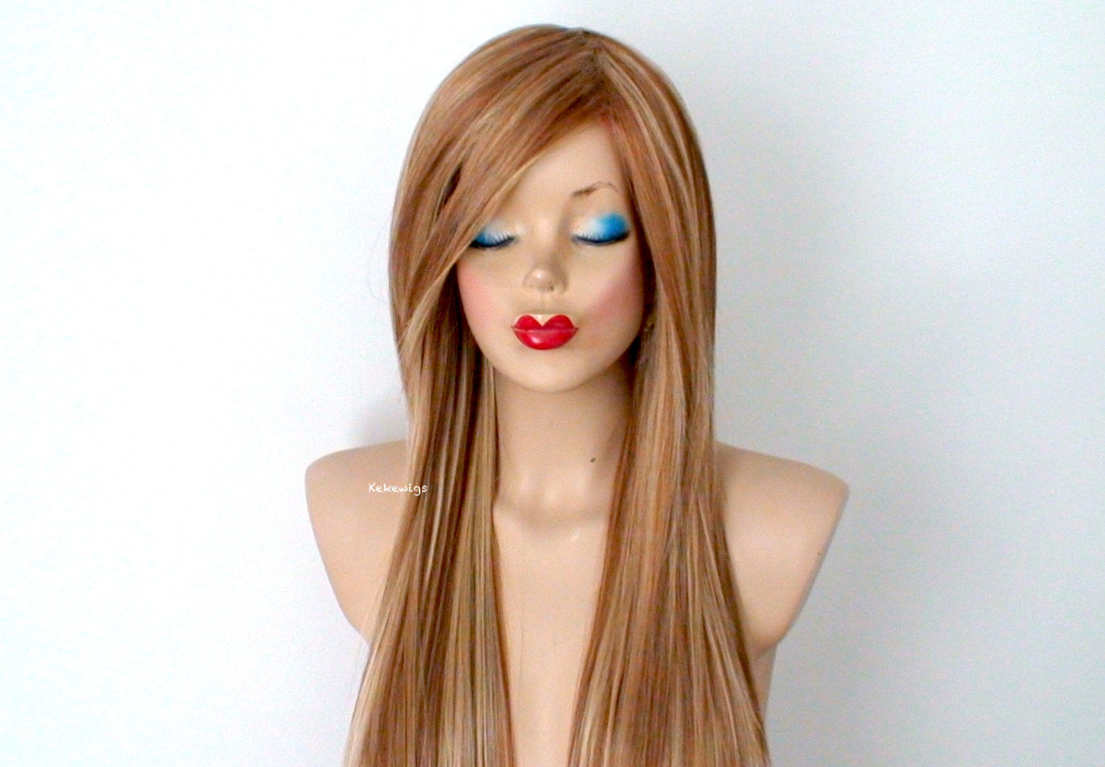 28" Butterscotch Long Straight Hair Long Side Bangs Wig