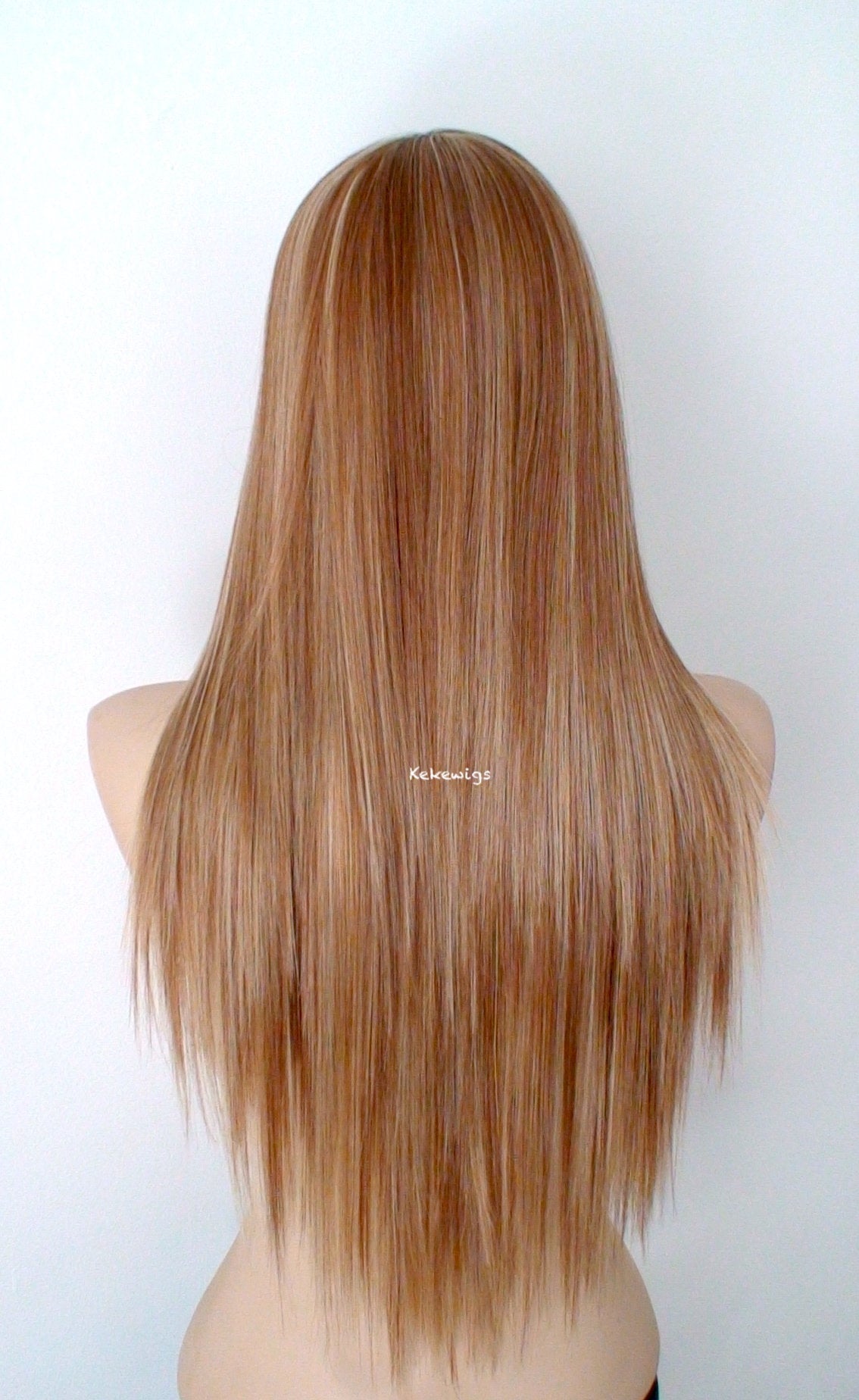 28" Butterscotch Long Straight Hair Long Side Bangs Wig