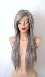 Load image into Gallery viewer, 28&quot; Salt Pepper Gray Long Straight Layered Hair with Long Side Bangs Wig
