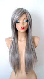 Load image into Gallery viewer, 28&quot; Salt Pepper Gray Long Straight Layered Hair with Long Side Bangs Wig
