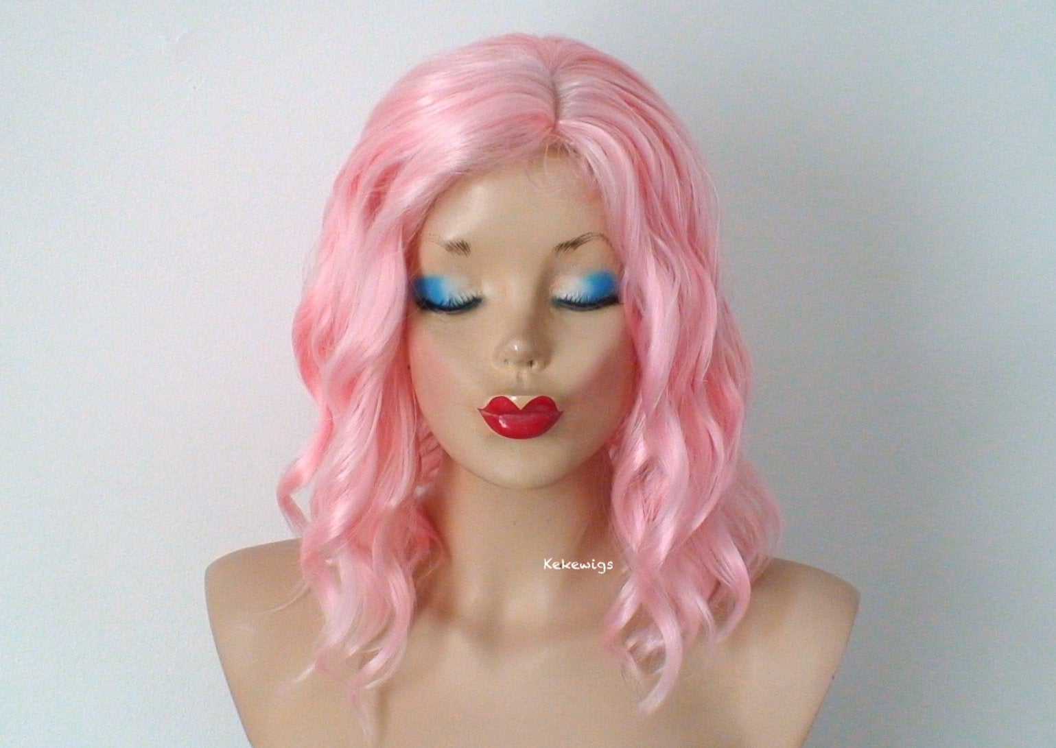 16" Peach Pink Short Wavy Hairstyle Wig