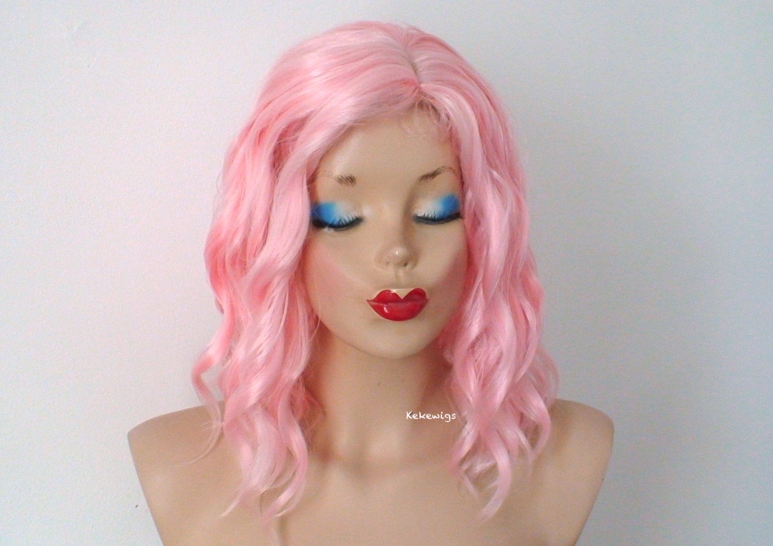 16" Peach Pink Short Wavy Hairstyle Wig