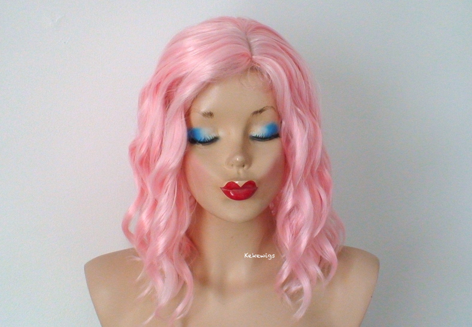 16" Peach Pink Short Wavy Hairstyle Wig