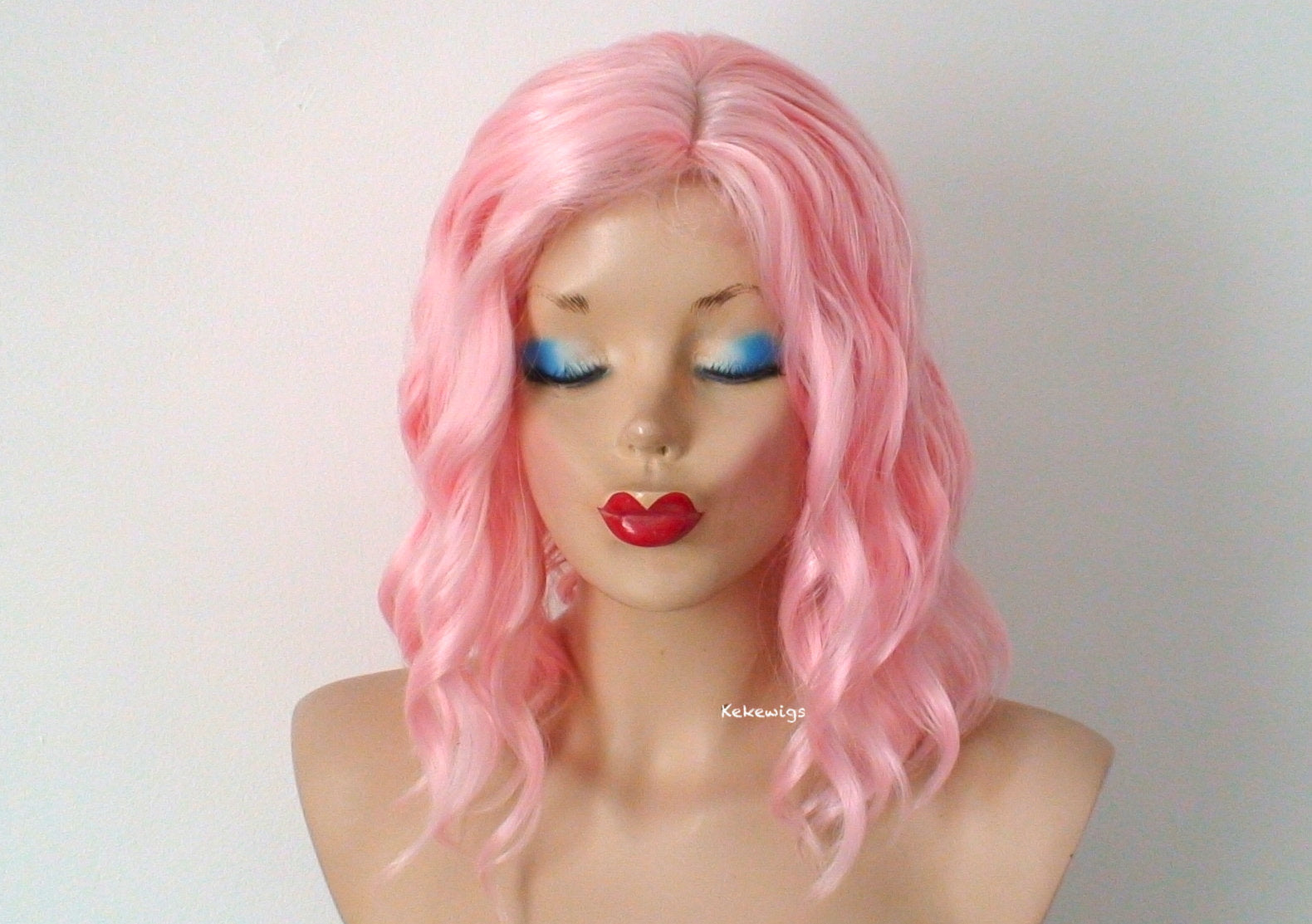 16" Peach Pink Short Wavy Hairstyle Wig