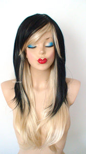 28" Black Blonde Ombre Long Straight Hair with Bangs Wig.