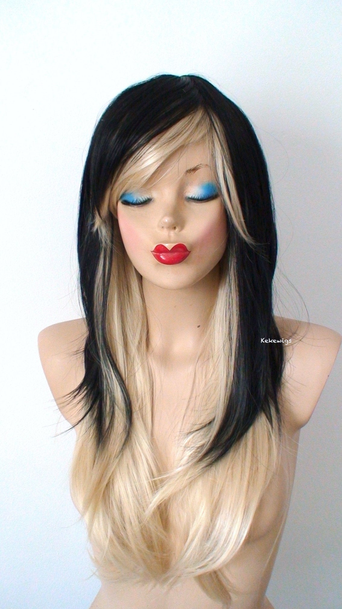 28" Black Blonde Ombre Long Straight Hair with Bangs Wig.