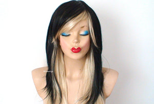 28" Black Blonde Ombre Long Straight Hair with Bangs Wig.