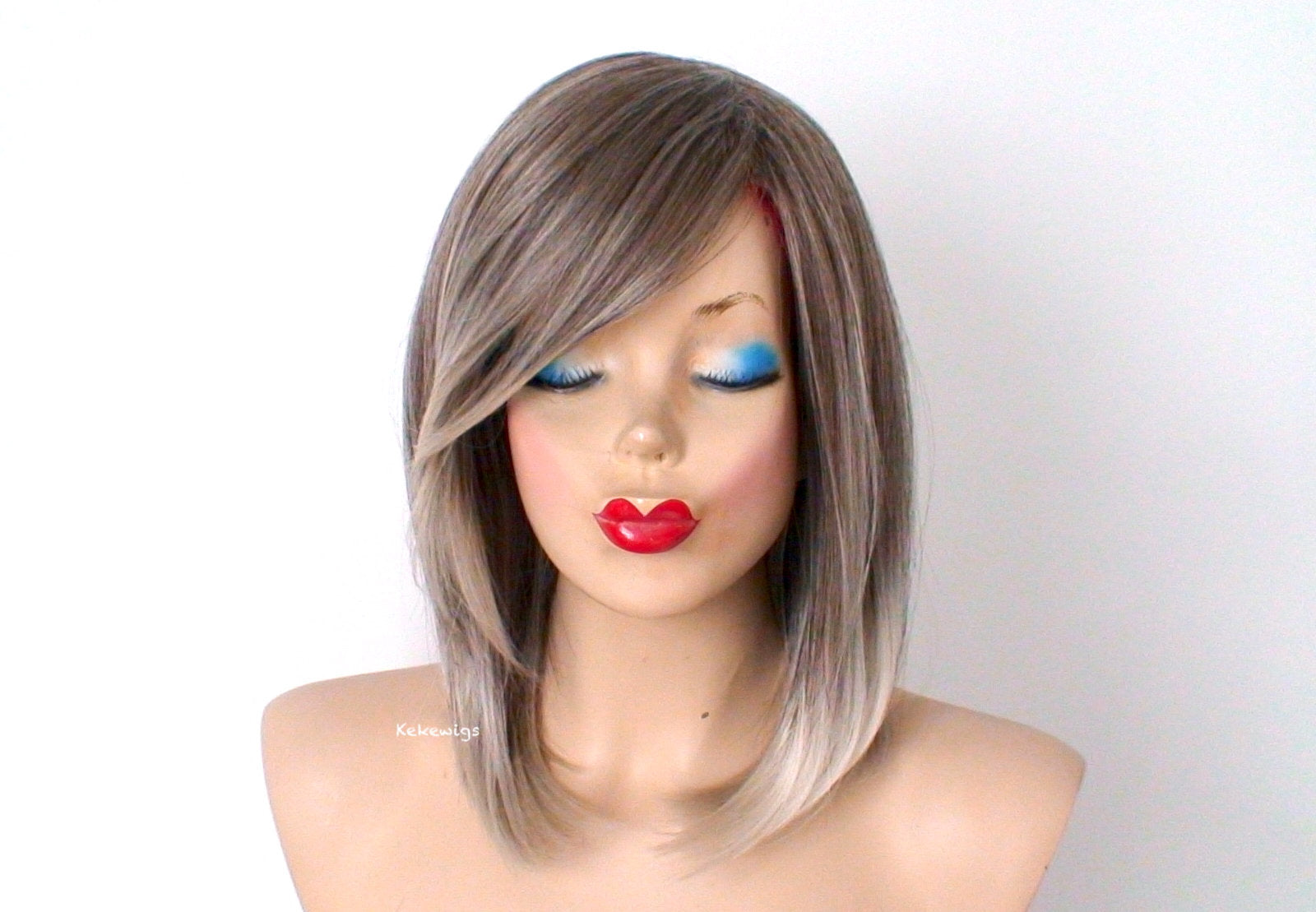 16" Ash Brown Ash Blonde Ombre Short Straight Hair Wig