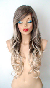 26" Dirty Blonde /Ash Blonde Ombre Long Curly Hair Long Side Bangs Wig