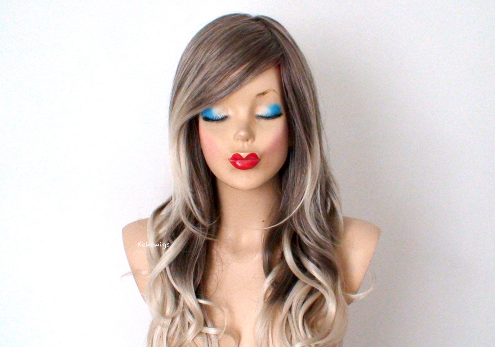 26" Dirty Blonde /Ash Blonde Ombre Long Curly Hair Long Side Bangs Wig