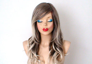 26" Dirty Blonde /Ash Blonde Ombre Long Curly Hair Long Side Bangs Wig