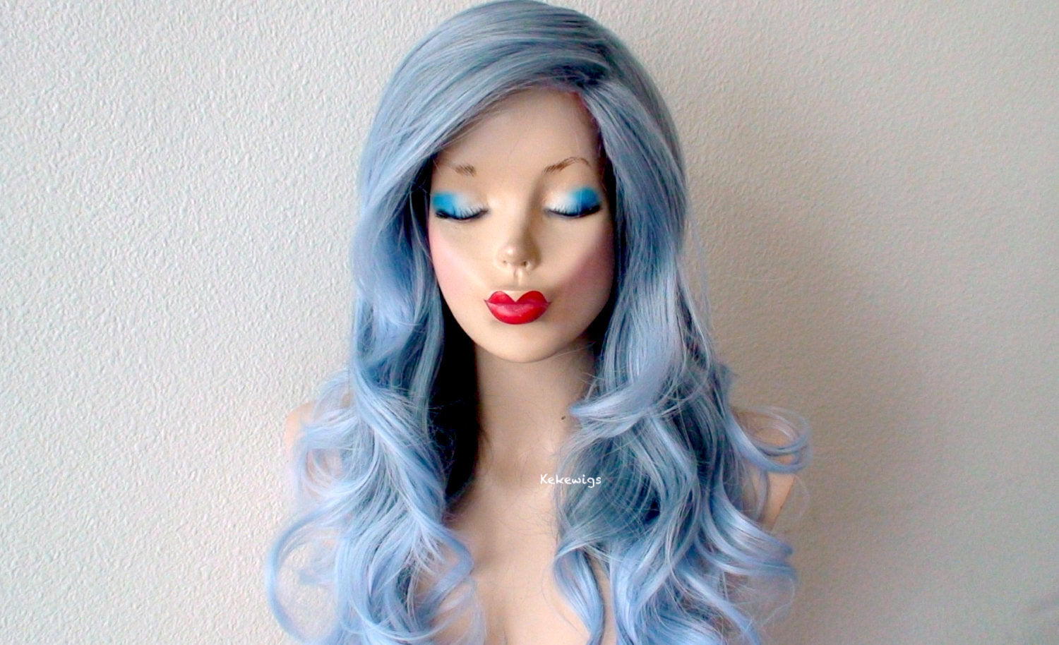 26" Lace Front Pastel Blue Ombre Long Curly Hair Side Bang Wig