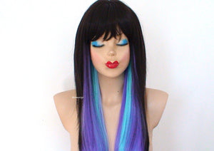 28" Brown Lavender Teal Lavender Ombre Long Straight Hair with Bangs Wig