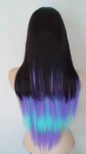 28" Brown Lavender Teal Lavender Ombre Long Straight Hair with Bangs Wig