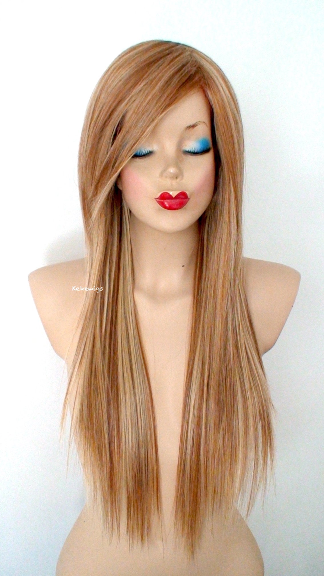 28" Butterscotch Long Straight Hair Long Side Bangs Wig