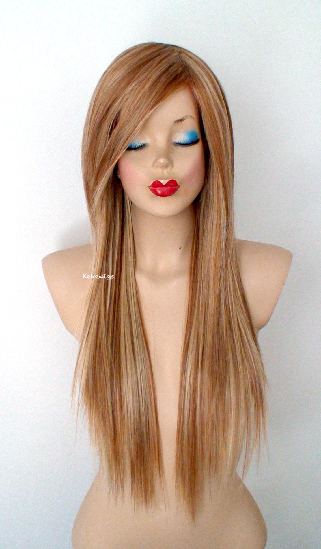 28" Butterscotch Long Straight Hair Long Side Bangs Wig