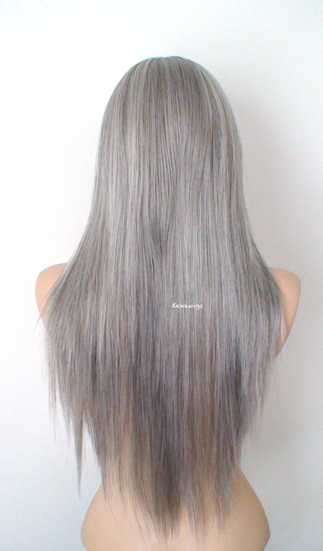 28" Salt Pepper Gray Long Straight Layered Hair with Long Side Bangs Wig