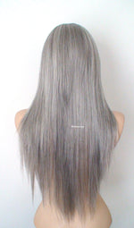 Load image into Gallery viewer, 28&quot; Salt Pepper Gray Long Straight Layered Hair with Long Side Bangs Wig
